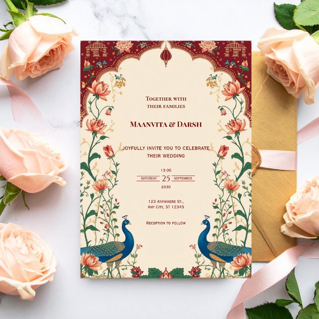 Invitación de boda Pichwai de pavo real indio (Subido por el creador)