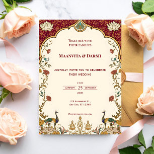 Invitación de boda Pichwai india con lotos y pavos