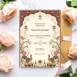 Invitación de boda Pichwai india con lotos y pavos