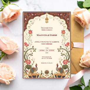 Invitación de boda Pichwai india con lotos y pavos