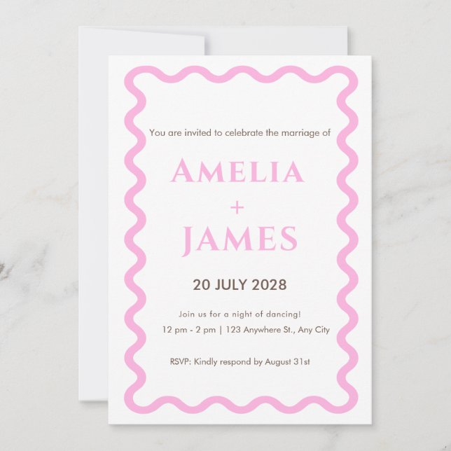 invitación de boda Pink Doodle ondulada (Anverso)