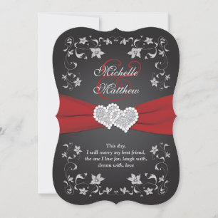 Invitación de boda   Plata roja negra, floral, cor