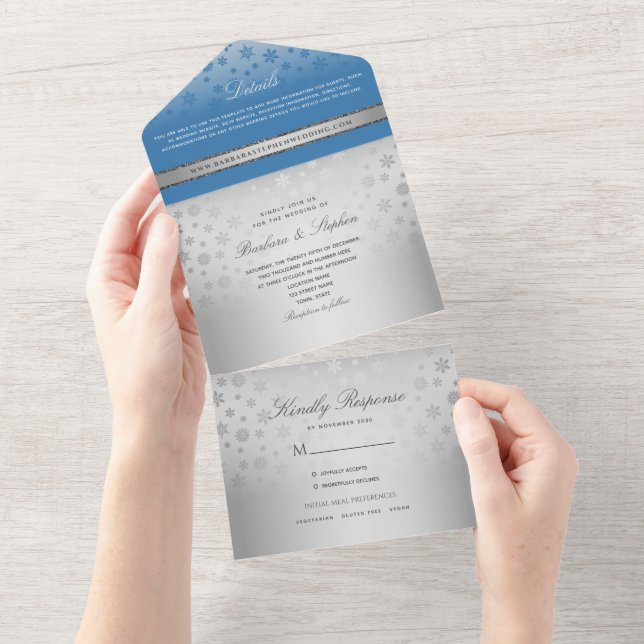Invitación de boda plateada azul todo en uno (desgarro)