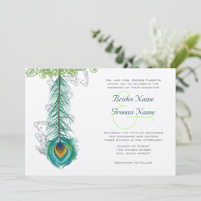 Invitación de boda pluma de pavo real musical (Anverso de pie)
