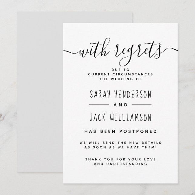 Invitación de Boda pospuesta de B&W "Con arrepenti (Anverso / Reverso)