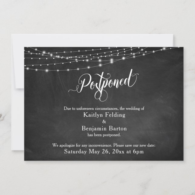 Invitación de Boda pospuesta de calkboard y luces (Anverso)