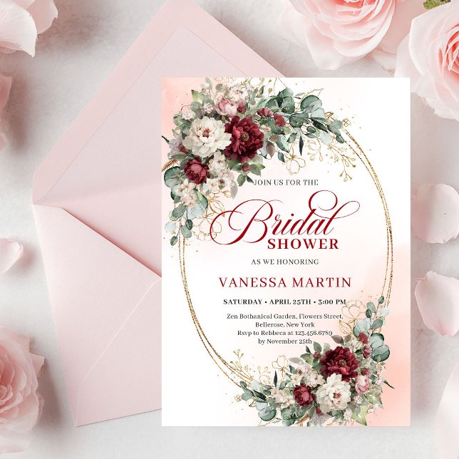 Invitación de boda Pretty Marsala Flores Doradas (Pretty Marsala Flowers Gold Bridal Shower Invite

)