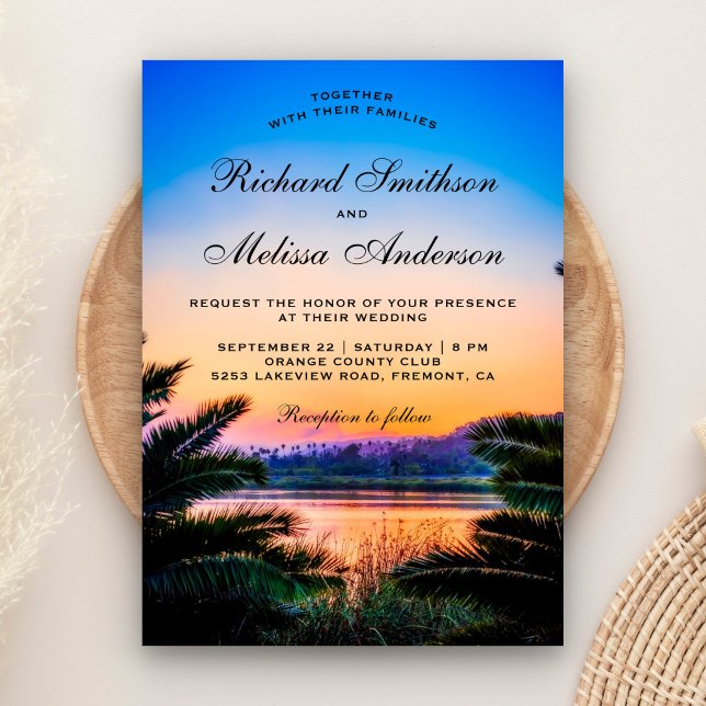 Invitación de boda puesta de sol con hojas de palm (Subido por el creador)
