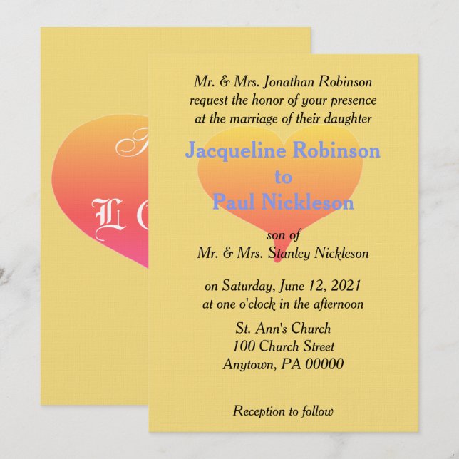 Invitación de boda puesta de sol corazón amarillo  (Anverso / Reverso)