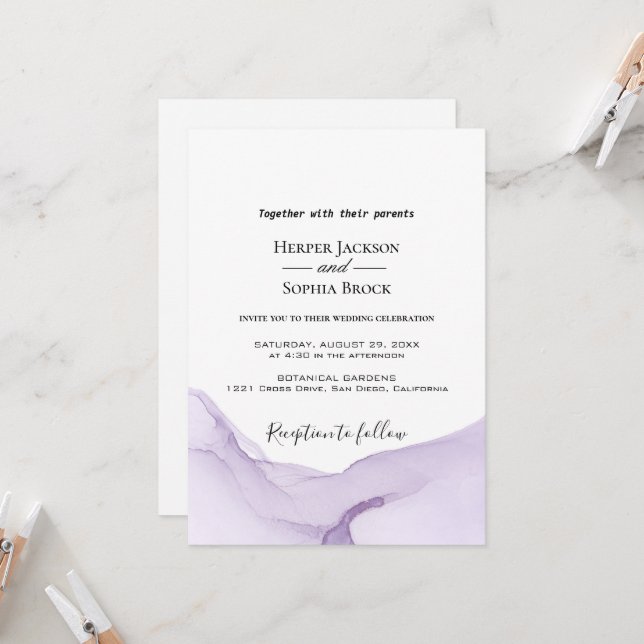 Invitación de boda púrpura acuarela moderna (Anverso/Reverso In Situ)