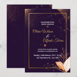 invitación de boda púrpura con colores dorados