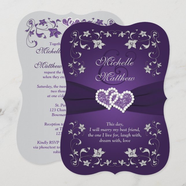 Invitación de boda | Púrpura, Plata, Floral, Coraz (Anverso / Reverso)