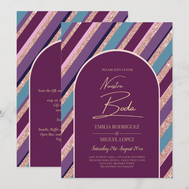Invitación de boda púrpura turquesa (Anverso / Reverso)