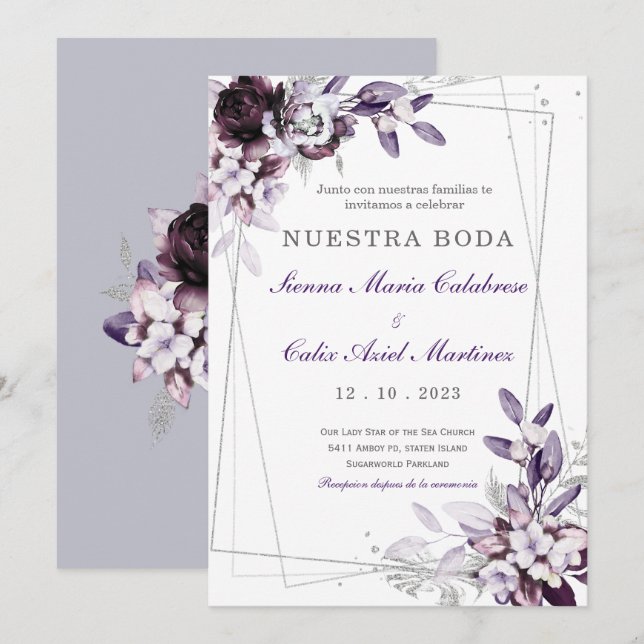 Invitación de Boda Púrpura y Lavanda Plateada (Anverso / Reverso)