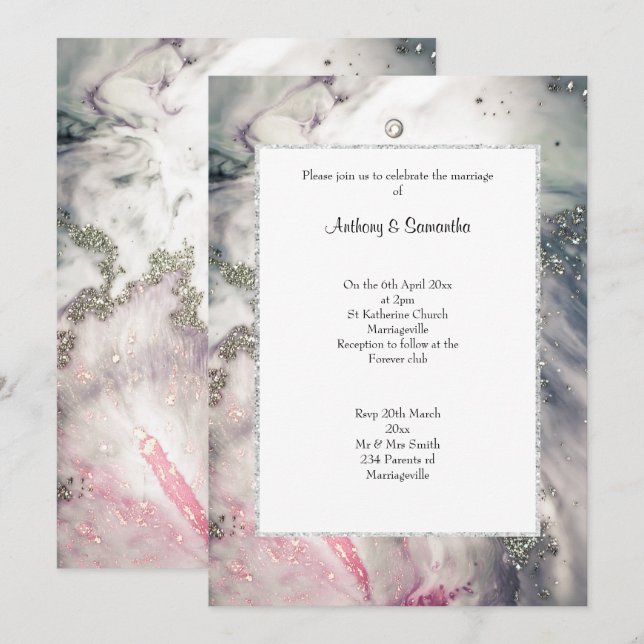 Invitación de BODA PURPURINA LUXE PINK MARBLE (Anverso / Reverso)