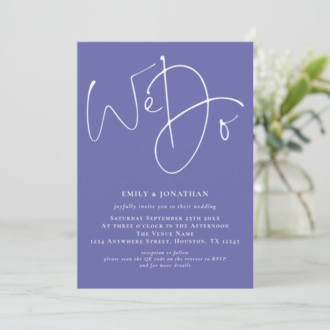 Invitación de Boda QR Azul con Guión We Do (Anverso de pie)