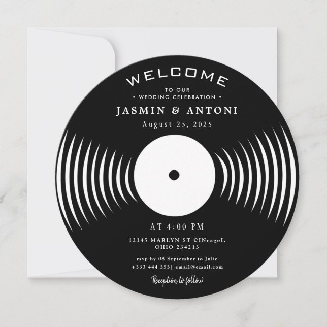Invitación de boda QR de disco de vinilo retro vin (Anverso)