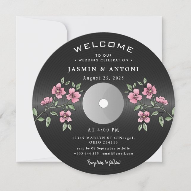 Invitación de Boda QR de Disco de Vinilo Retro Vin (Anverso)