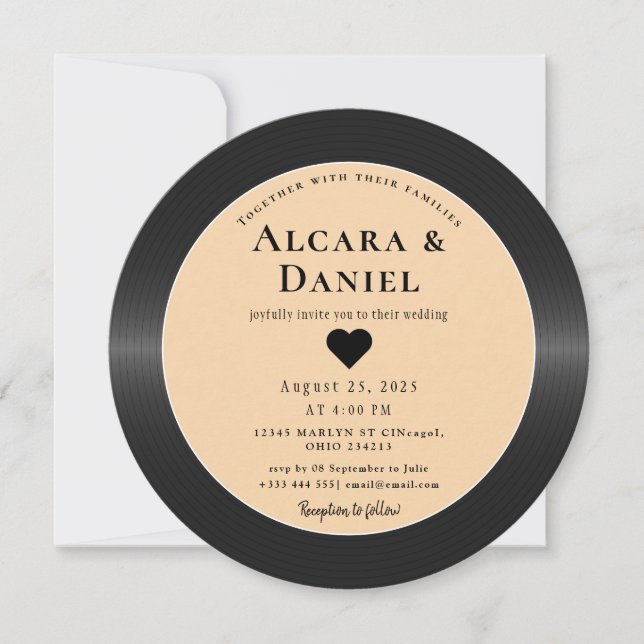 Invitación de boda QR de disco de vinilo retro vin (Anverso)