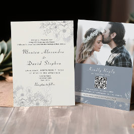 Invitación de Boda QR Floral Azul Polvo Todo en Un