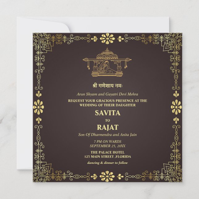 Invitación de boda real de lujo india (Anverso)