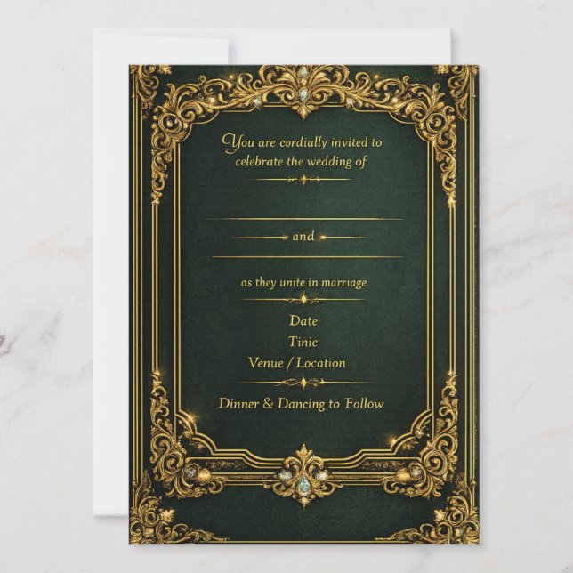 Invitación de boda real de oro verde esmeralda (Anverso)