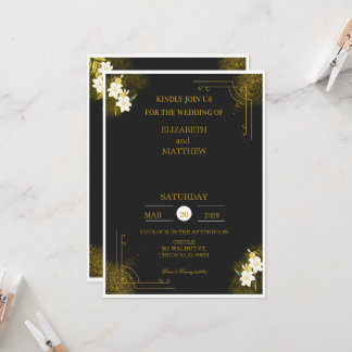 Invitación de boda real en negro y dorado