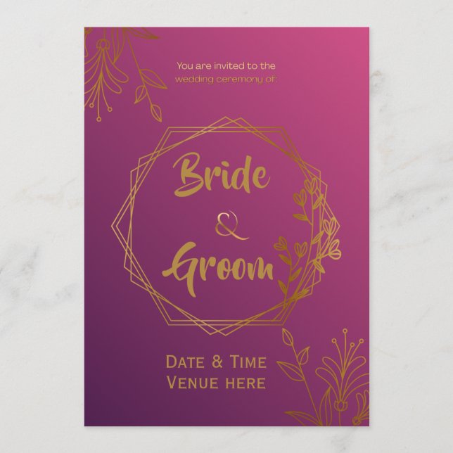 Invitación de boda Real Magenta y Dorado (Anverso)