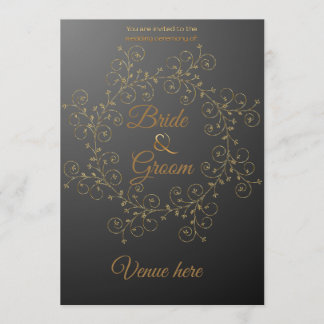 Invitación de boda real negra y dorada elegante