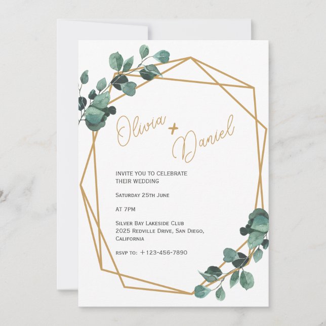Invitación de boda rectángulo dorado con vegetació (Anverso)