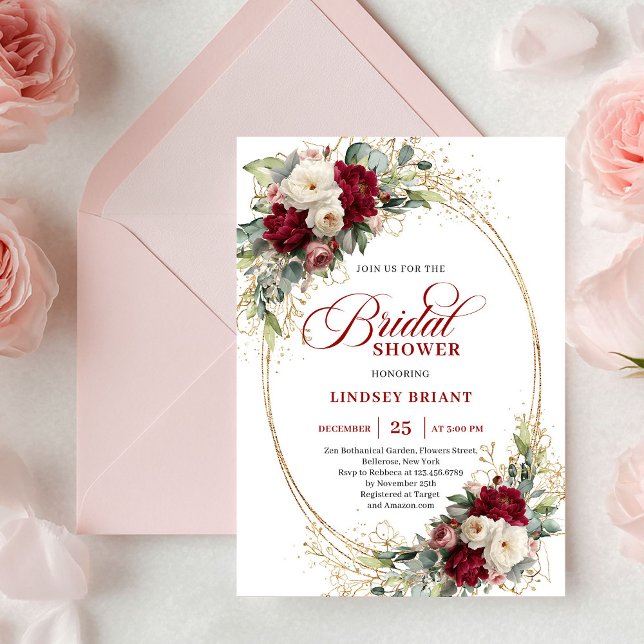 Invitación de boda refinada con flores rojas profu (Refined Deep Red Floral Gold Bridal Shower Invite)