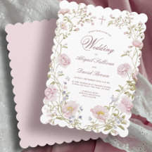 Invitación de boda religiosa con marco floral rosa
