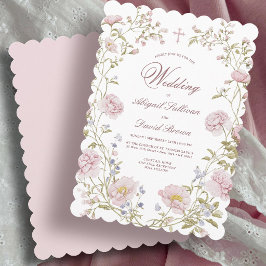 Invitación de boda religiosa con marco floral rosa