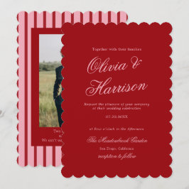 Invitación de boda retro a rayas rosadas rojas