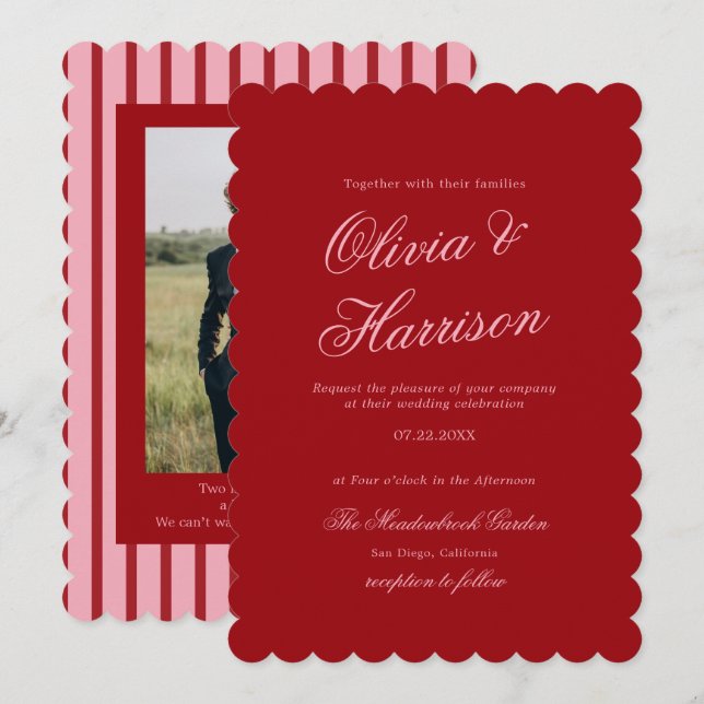 Invitación de boda retro a rayas rosadas rojas (Anverso / Reverso)