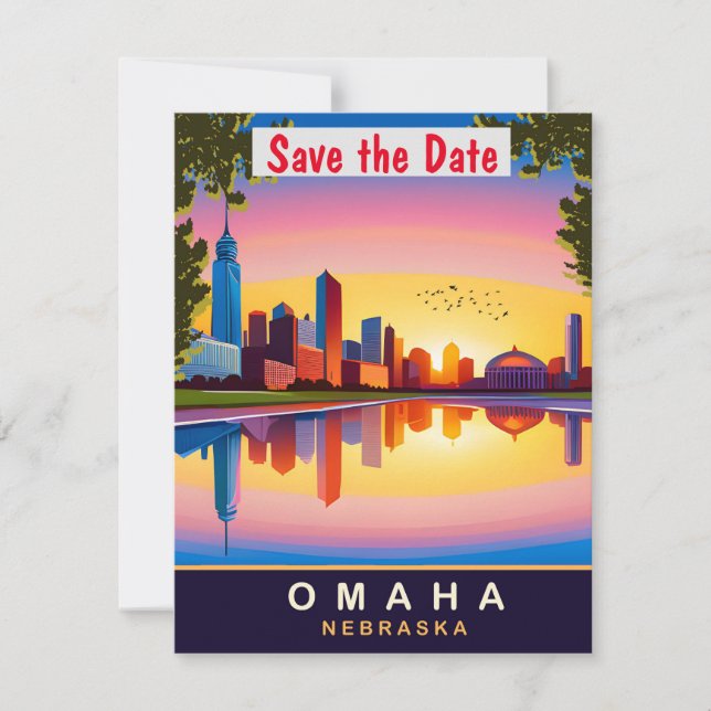 Invitación de boda retro con panorama de Omaha Neb (Anverso)