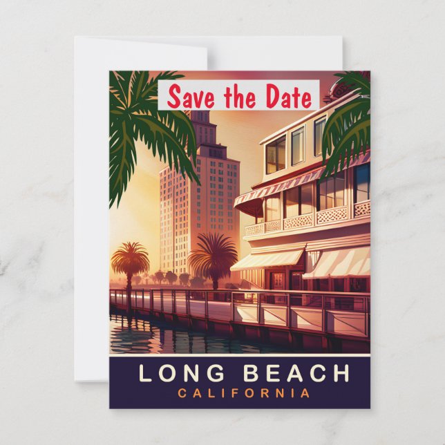 Invitación de boda retro de la costa de Long Beach (Anverso)