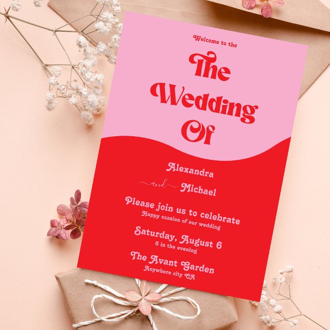Invitación de boda retro de neón rosa y rojo de lo (Subido por el creador)