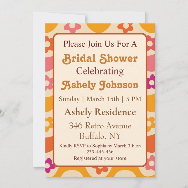Invitación de boda retro floral groovy de los 70 (Anverso)