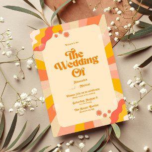 Invitación de boda Retro Groovy rosa y dorada