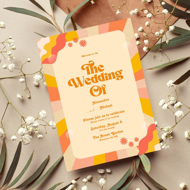Invitación de boda Retro Groovy rosa y dorada (Subido por el creador)