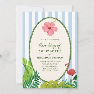 Invitación de boda retro Pink Flamingo Tropics
