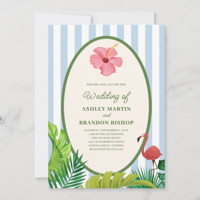 Invitación de boda retro Pink Flamingo Tropics (Anverso)