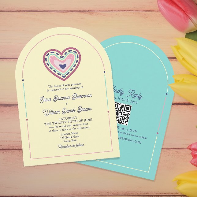 Invitación de boda retro rosa amarilla con código  (Subido por el creador)