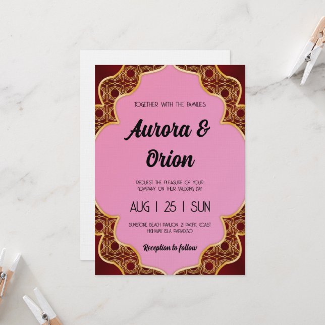 invitación de boda retro rosa y roja (Anverso/Reverso In Situ)