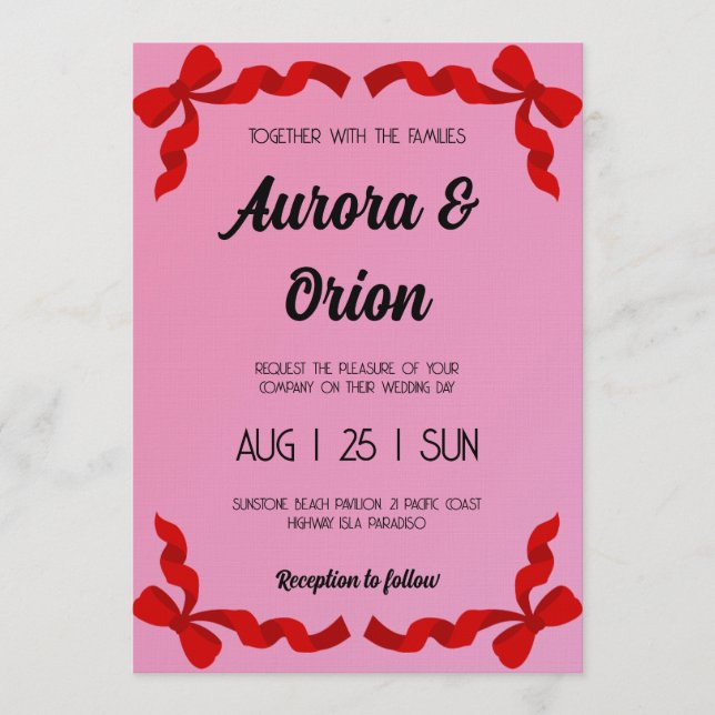 invitación de boda retro rosa y roja (Anverso)