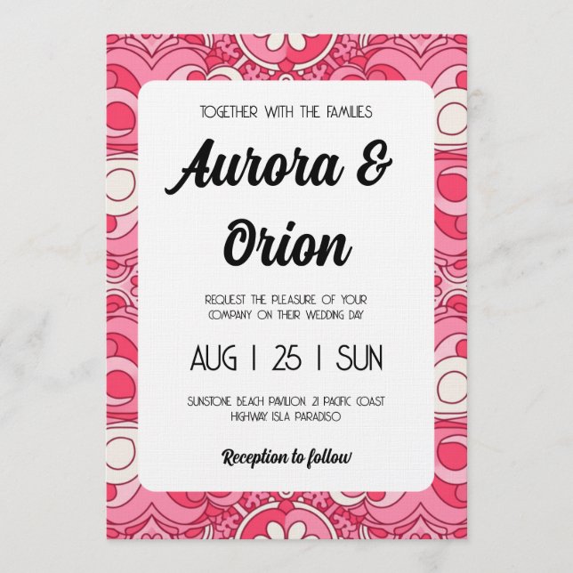 invitación de boda retro rosa y roja (Anverso)