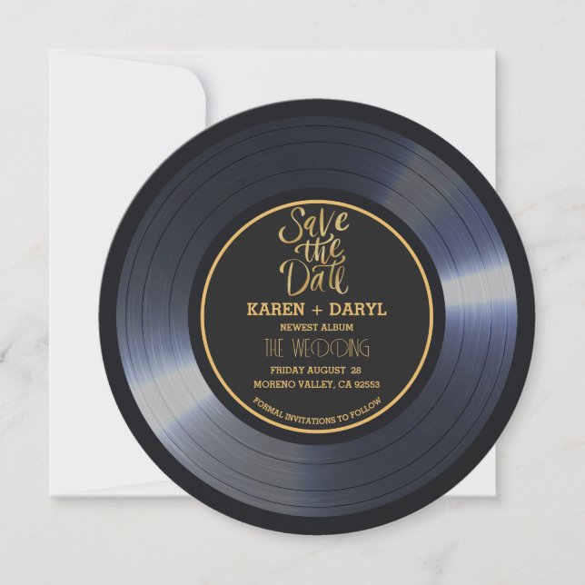 Invitación de boda Retro Vinyl Record Black Save t (Anverso)