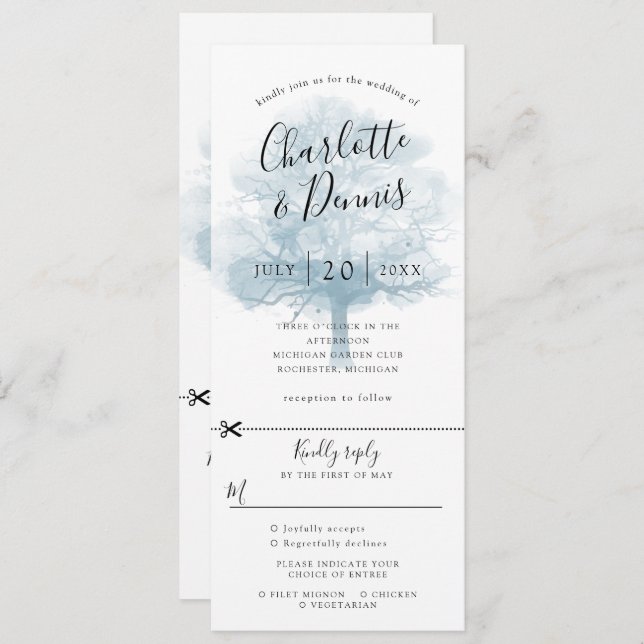 Invitación de boda roble azul con rsvp adjunto (Anverso / Reverso)