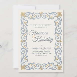 Invitación de boda rococó de oro azul pálido